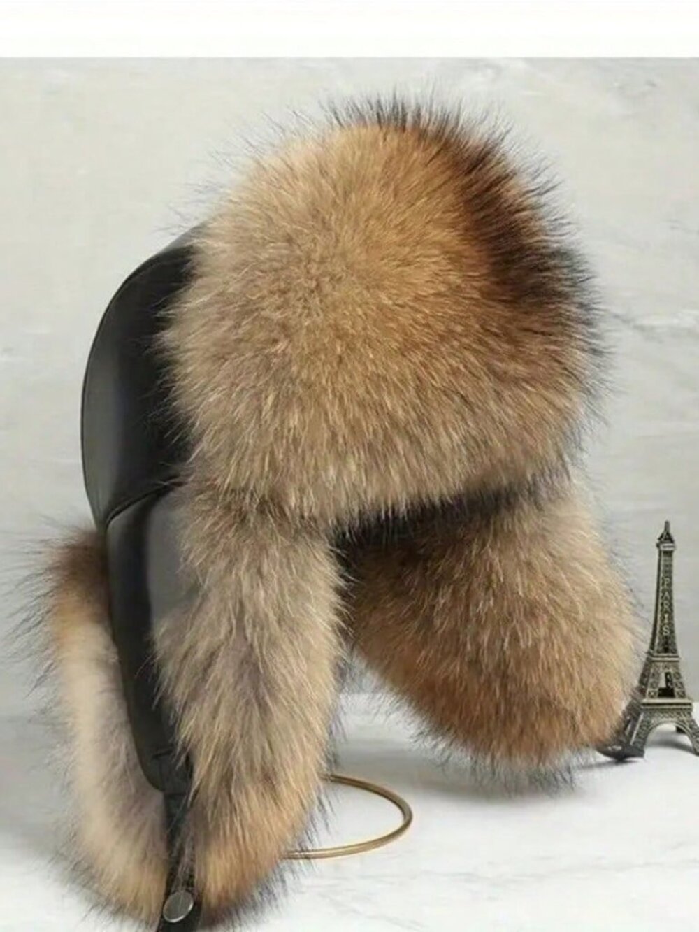 Women's black Faux leather Brown faux fur trapper hat